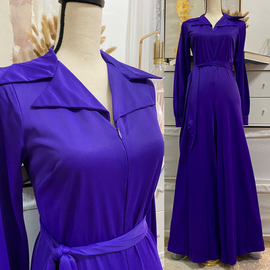 70s Purple Disco Wide Leg Bell Bottom Jumpsuit (M)