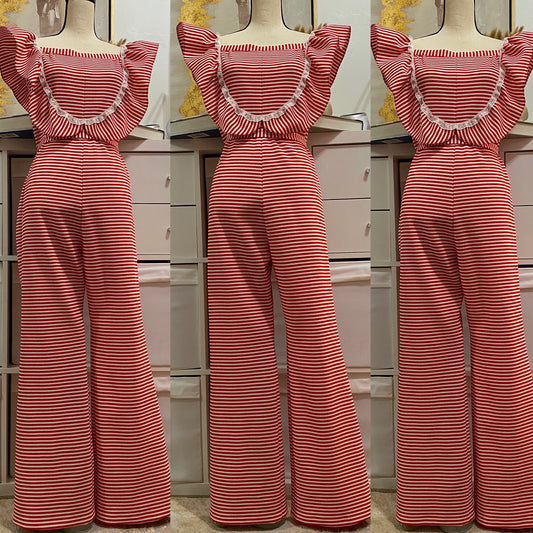 70's Striped Wide Leg Jumpsuit w/ Ruffle & Lace (L)