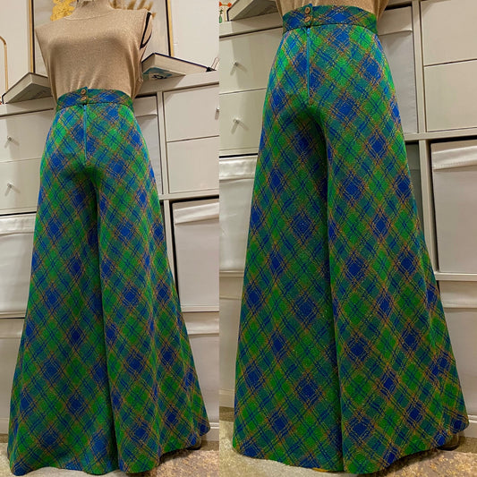 70's Glimmer Plaid High Rise Palazzo Wide Leg Pants (S)