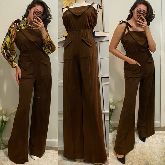70's Suede/Velveteen Wide Leg Strappy Jumpsuit (M-L)
