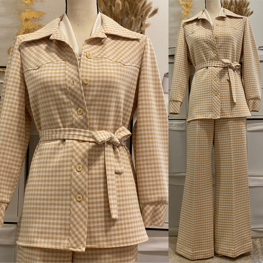 70's 3PC Houndstooth Wide Leg Petite Pantsuit (L - 30"W)
