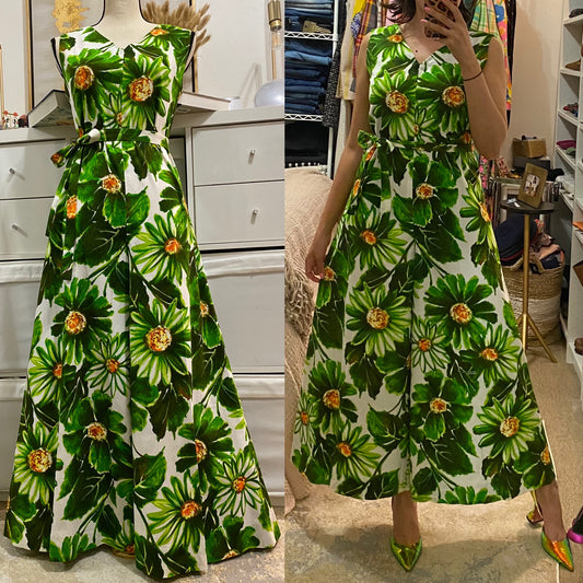 60s 70s Green Floral Big Wide Leg Palazzo Jumpsuit (M-L)