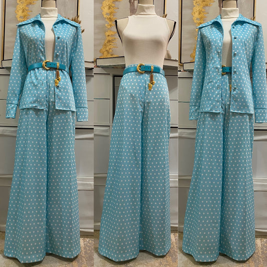 70's Light Blue, Polka Dot Wide Leg 2Pc Pantsuit (XS-M)