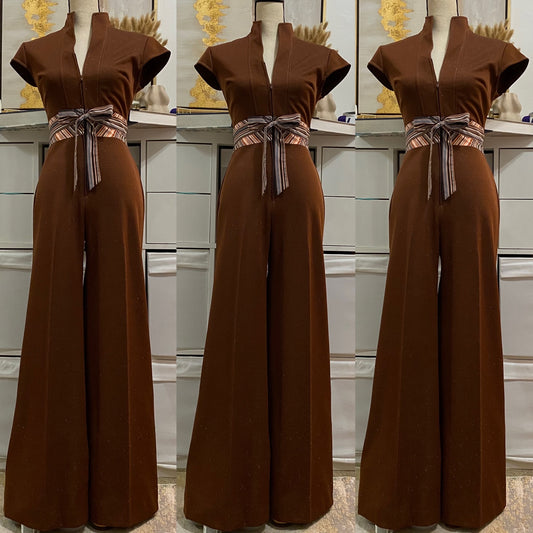 70's Chocolate Brown, Belted Wide Leg Jumpsuit (S, 26")
