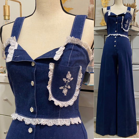 60s-70s Denim Eyelet Lace Trim Wide Leg Jumpsuit Overall (XXS-XS)