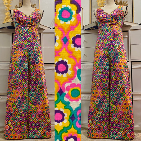 60s-70s Rainbow Flower Power Wide Leg Jumpsuit (S)