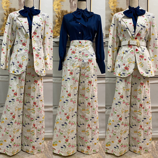 70's Deadstock 2Pc Floral Cotton Wide Leg Pantsuit (M-29"W)