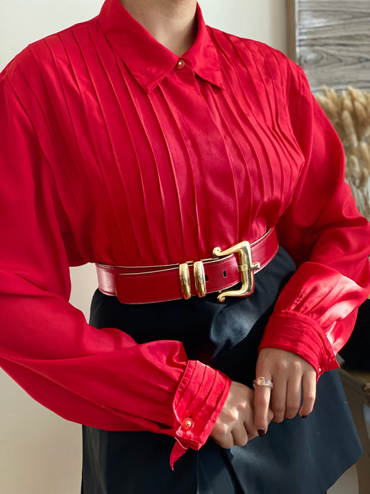Pleated Front with Accent Button Long Sleeve Blouse