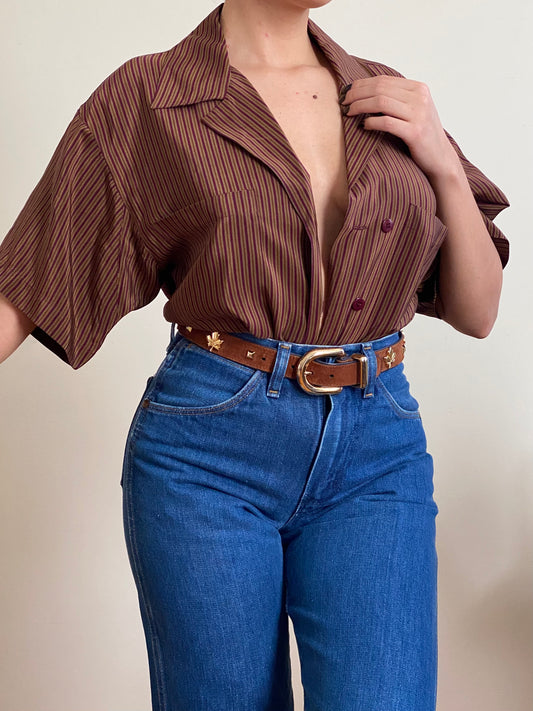 Silk Striped Short Sleeve Button Down Blouse (S-M)