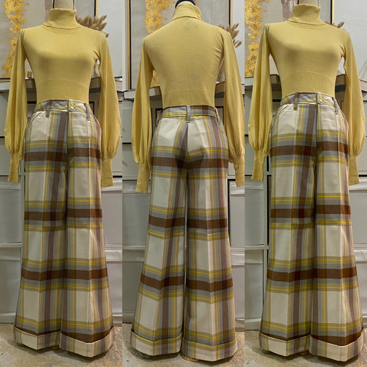 70's Mid-High Rise Plaid Bell Bottom Pant (M)