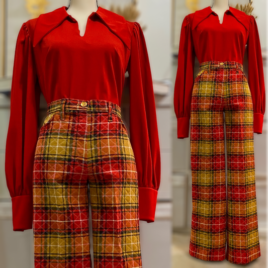 70's Midrise Plaid Bootcut Pants (S)
