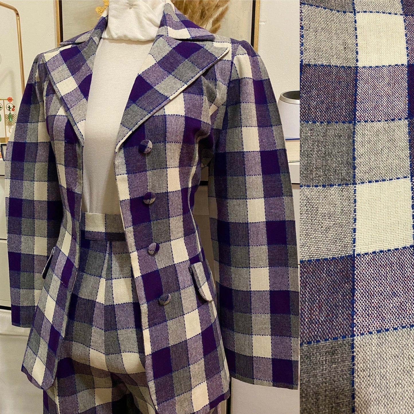 70's Purple & Grey Checkered Pantsuit - Jacket & High-Rise Bell Bottom Set (M)