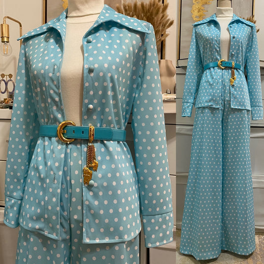 70's Light Blue, Polka Dot Wide Leg 2Pc Pantsuit (XS-M)