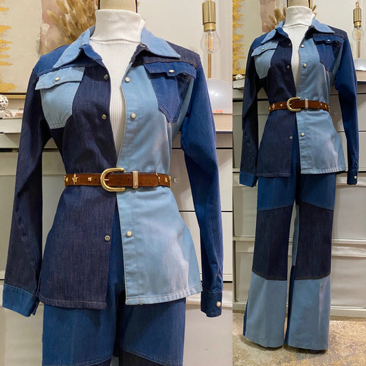 70's Cotton Blend, Blue Denim Patchwork 2pc Pantsuit (S)