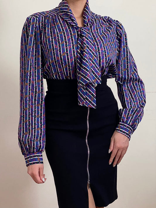 80's Floral Striped Long Sleeve Blouse w/ Bow Collar (M-L)