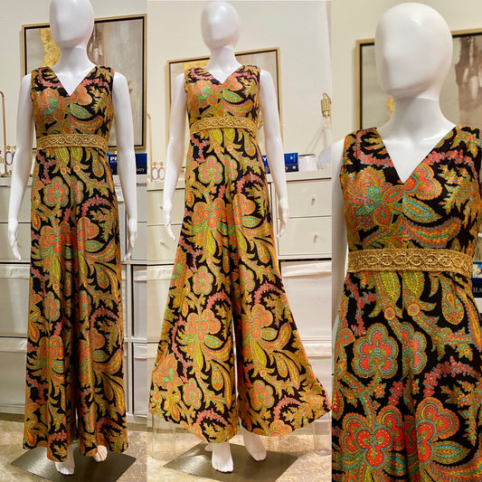 60's - 70's Psychedelic Floral Palazzo Wide Leg Jumpsuit (M)