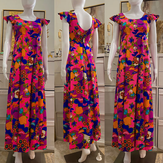 60's-70's Pink Psychedelic Maxi Dress W/ Ruffle Sleeves (XS-S)