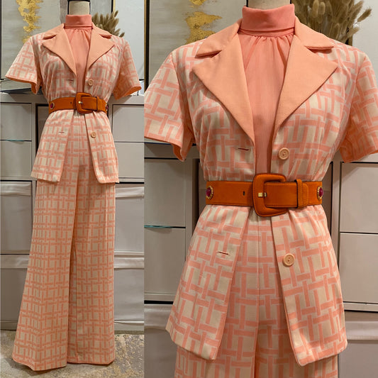 70's Peach Grid 2PC Wide Leg Pantsuit (L-XL)