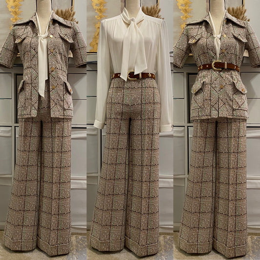 70's Brown Speckled Bell Bottom 2PC Pantsuit (XS-S; 25"-28"W)