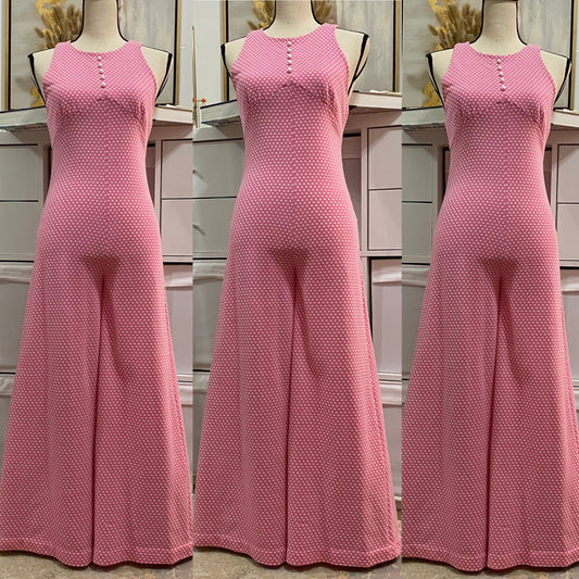 60's- 70's Pink Polka Dot Palazzo Jumpsuit (S-M)