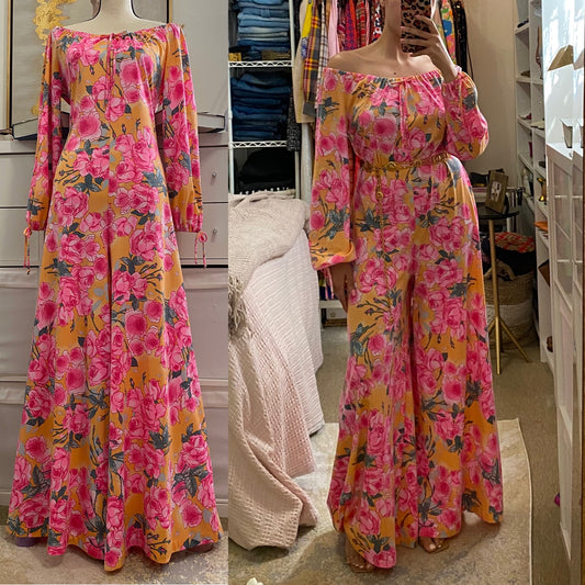 70s Floral Off the Shoulder Palazzo Jumpsuit (OS)