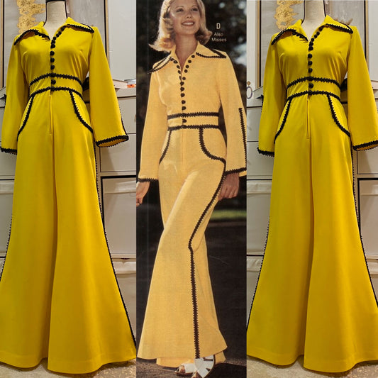70's Iconic Yellow Major Bell Bottom Flare Jumpsuit w/ Ric-Rac Trim (M-L)