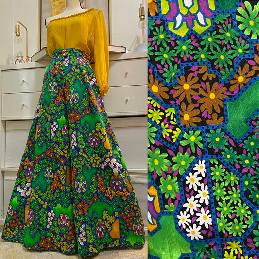 70's High Rise Wide Leg Palazzo Pants Psychedelic Neon Floral (S-M)