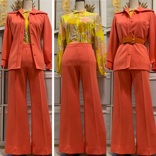 60s-70s 2-piece Coral Pantsuit - Jacket Shirt & Wide Leg Bell Bottoms (S-M)