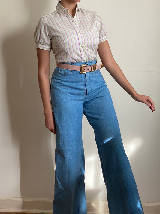 70's Striped Mini Puff Sleeve Top (XS)