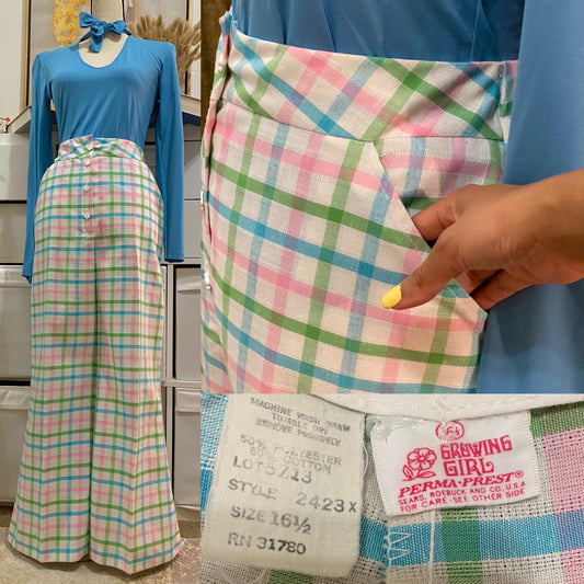 70s Pastel Rainbow Plaid Wide Leg Flare Pants (L)