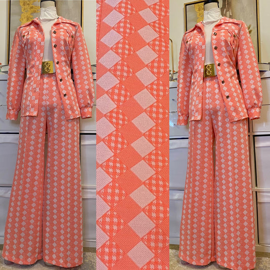 70's 2-Piece Coral Pink Set - Jacket Shirt & Wide Leg Bottoms (M-L)