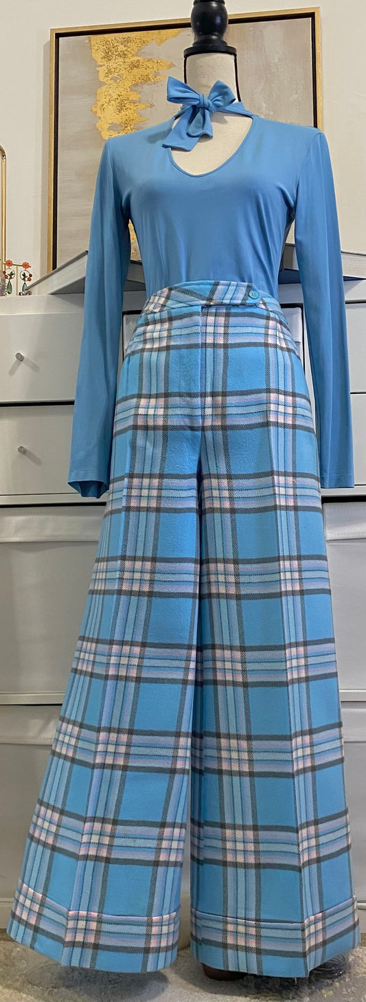 70’s Pastel Blue Plaid Bell Bottom (L)