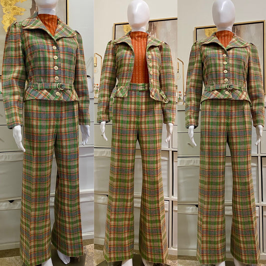 70's Green & Orange Plaid 3-Piece Set - Cropped Jacket, Belt & High Rise Wide Leg Bottoms (S)