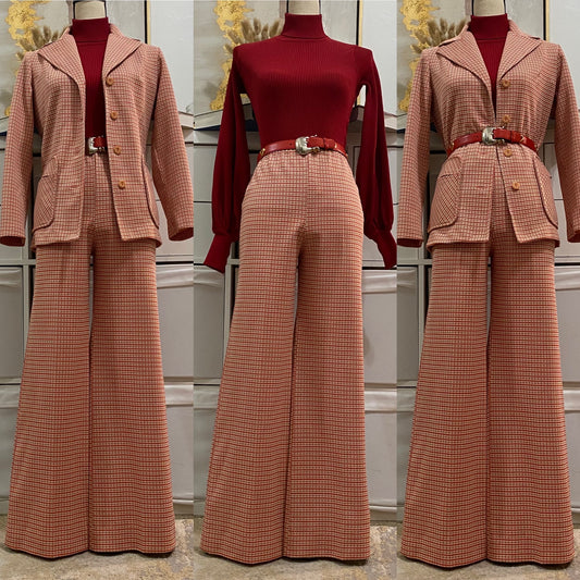 70s Subtle Grid/Check 2PC Pantsuit (S-M, 27"-35"W)