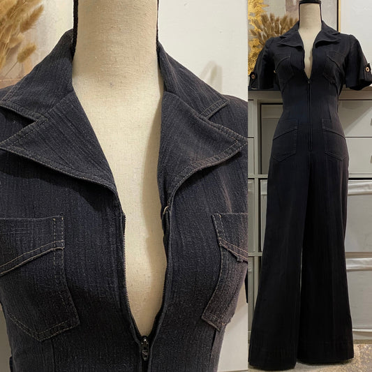 70s Cotton, Faded Black, Zipper Front, Wide Leg Jumpsuit (XS, 24"-26"W)