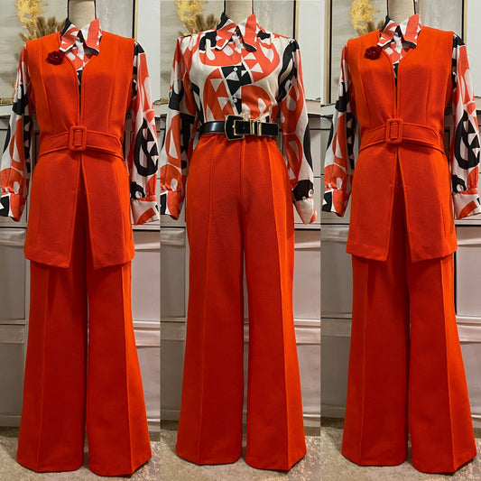 60's-70's Orange Waffle Ribbed 2Pc Vest Suit (M-L)