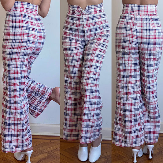 70's Plaid Seersucker Ribcage Bell Bottoms (XS-S)