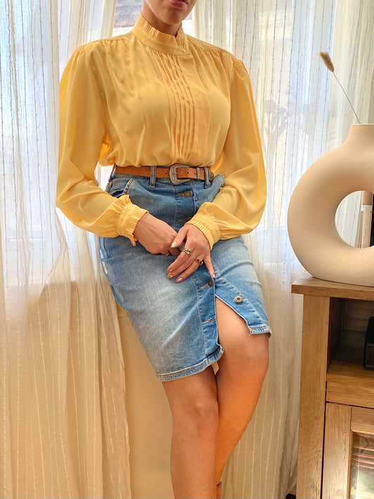 Yellow Pleated Long Sleeve Blouse