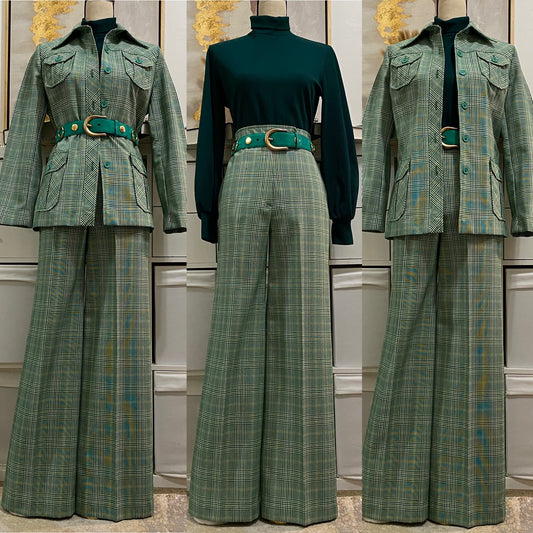 70's Green Plaid 2Pc Wide Leg Pantsuit (M,29"W)