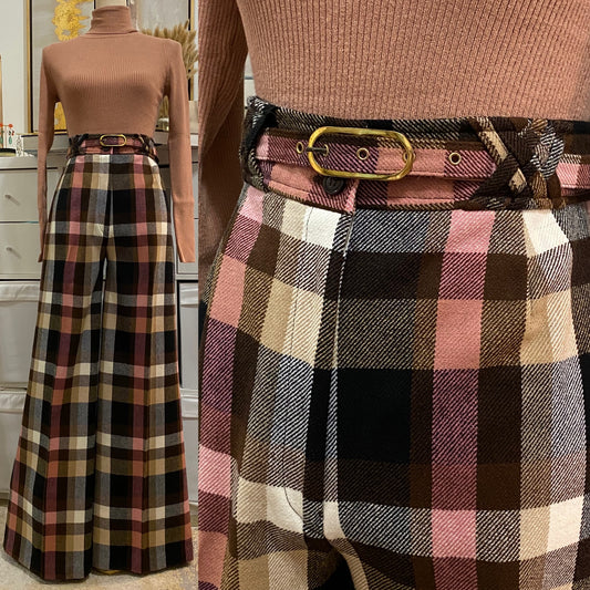 70's Plaid High Rise Wide Leg Flare Pants (M-L)