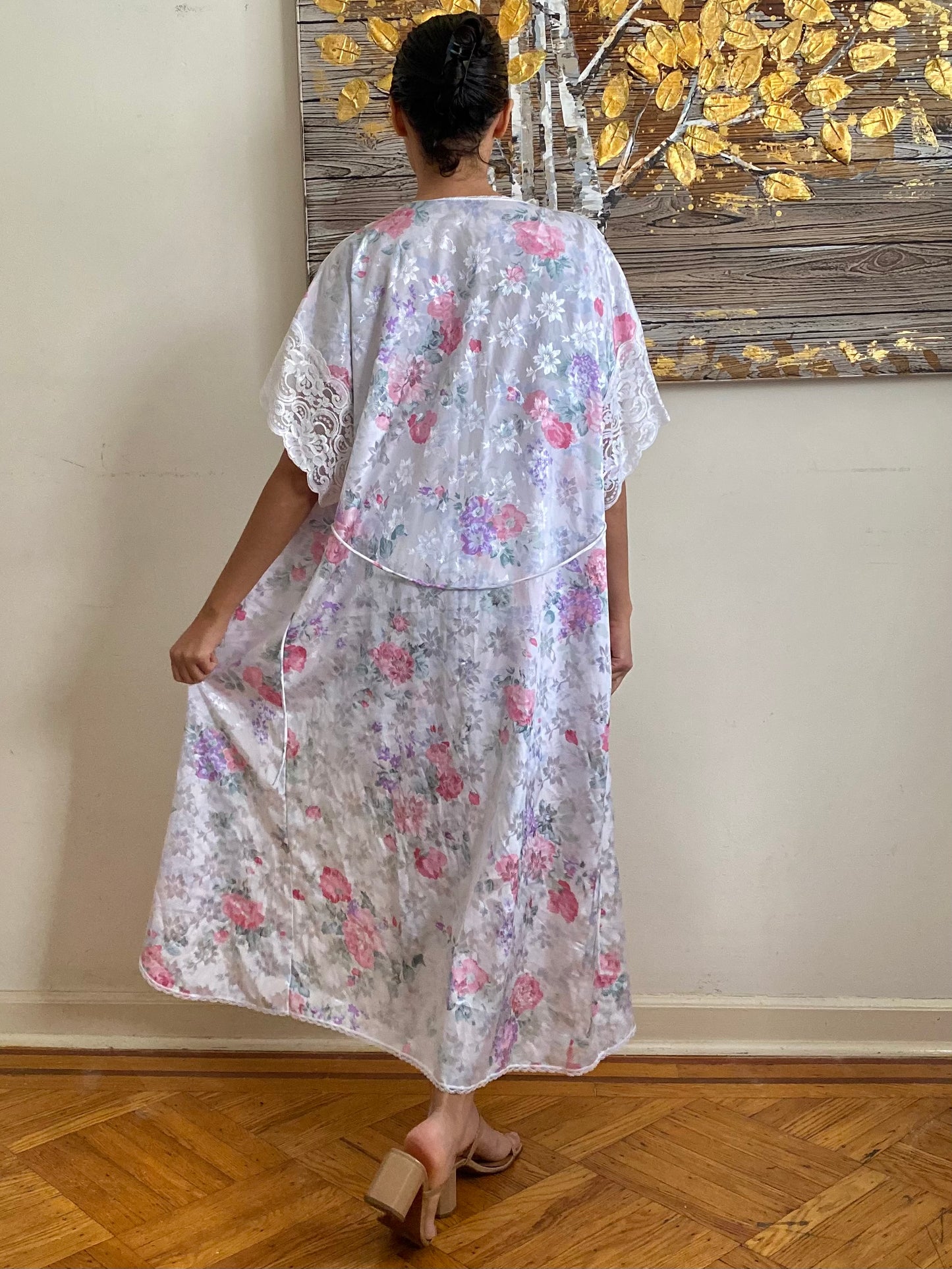 80's Floral Full Length Robe & Slip Set (M)