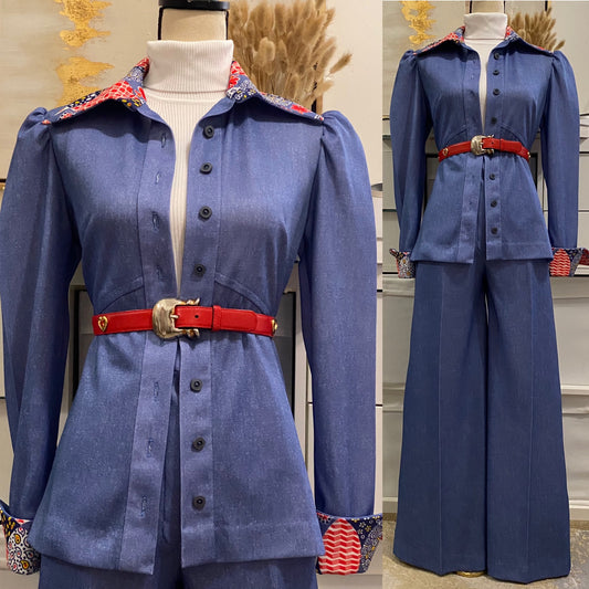 70's Denim-Look, Patchwork Trim 2PC Wide Leg Pantsuit (M, 28"W)