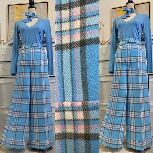 70’s Pastel Blue Plaid Bell Bottom (L)