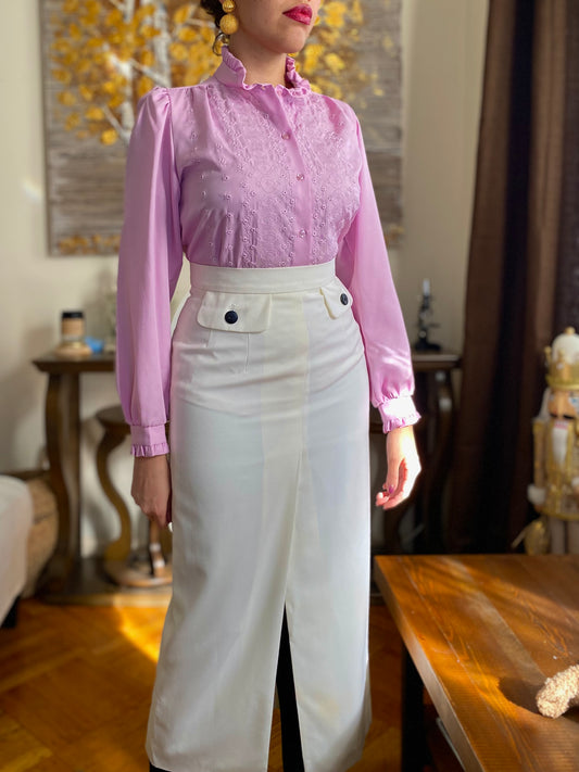 70's Ruffle Mock Collar Embroidered Top (S)