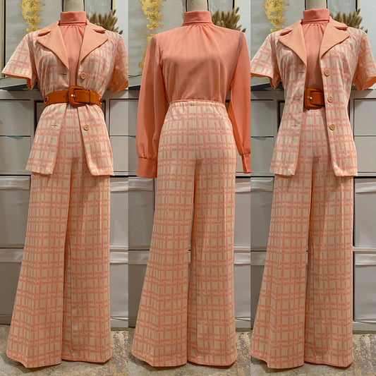 70's Peach Grid 2PC Wide Leg Pantsuit (L-XL)