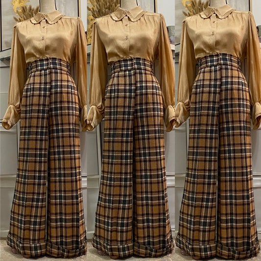 70's Plaid High Rise, Cuffed Hem, Wide Leg Pants (M,28"W)