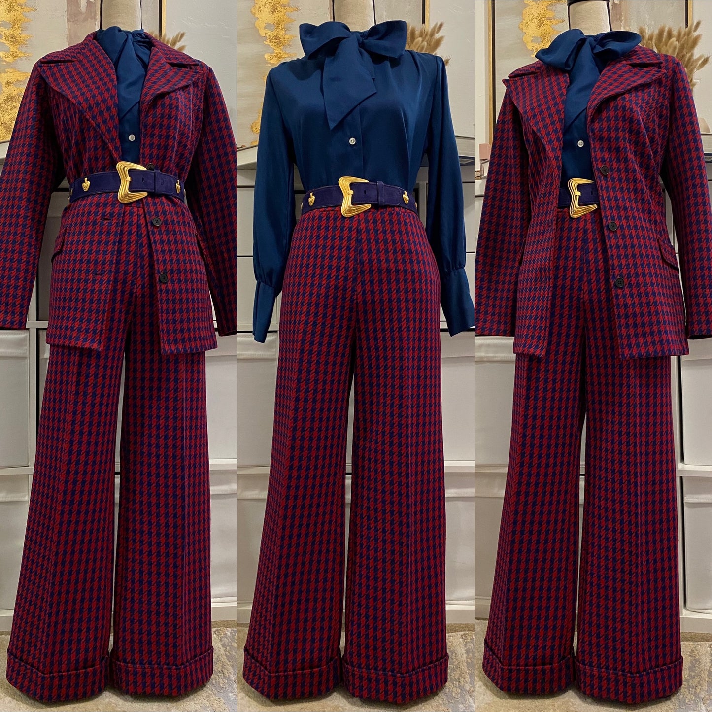 60's-70's Houndstooth 2pc Bell Bottom Pantsuit (L)