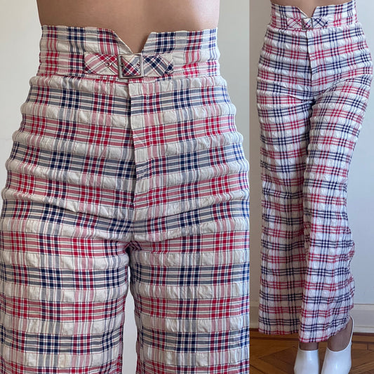 70's Plaid Seersucker Ribcage Bell Bottoms (XS-S)