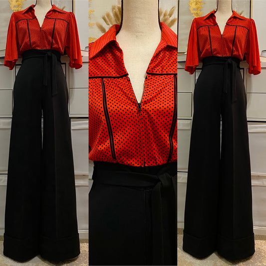 70's Red Polka Dot & Strips Bell Bottom Cuffs Jumpsuit (XS-S)