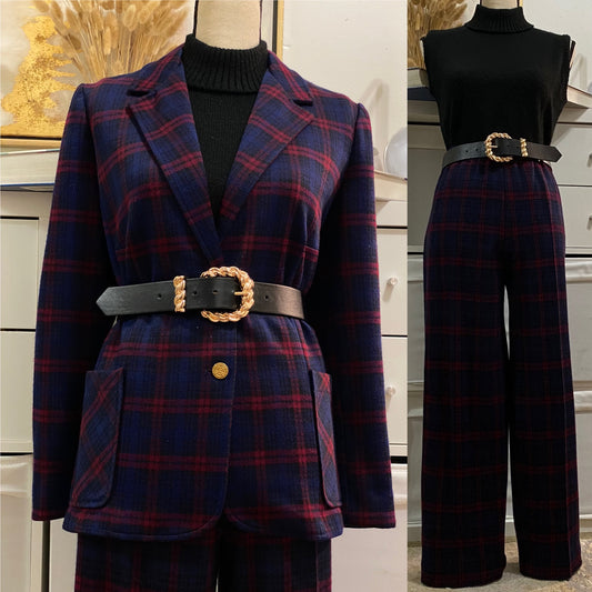 70s-80s 2pc Pantsuit Dark Plaid Ankle Crop Straight Leg (L-XL, 35"-40"W)